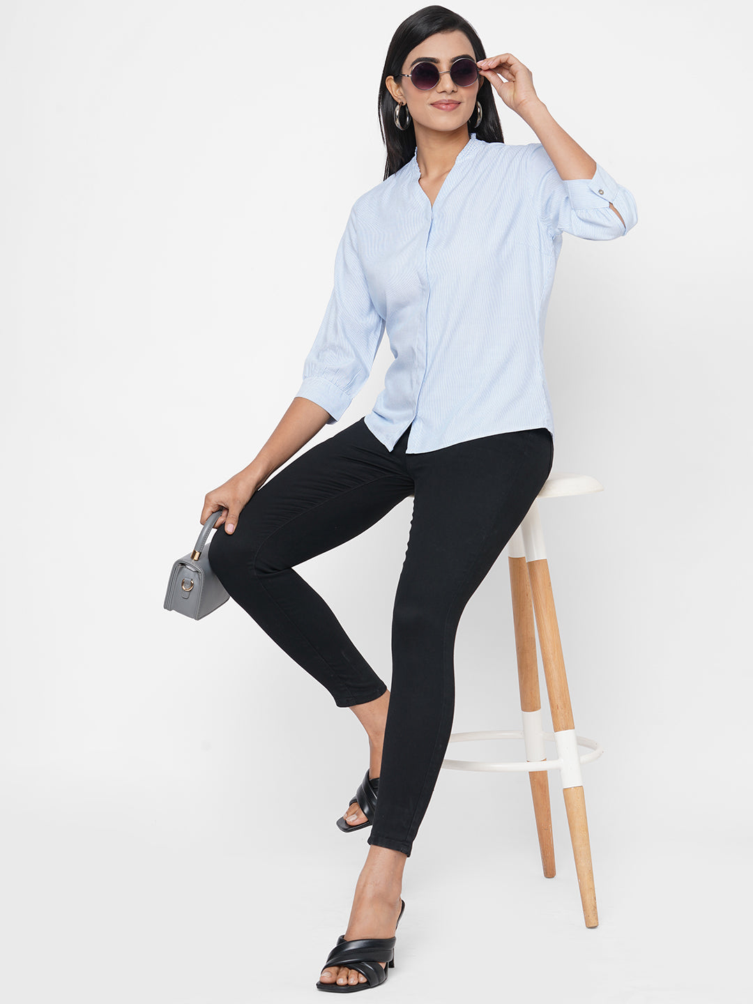 Women Blue/White Stripe Shirt Top