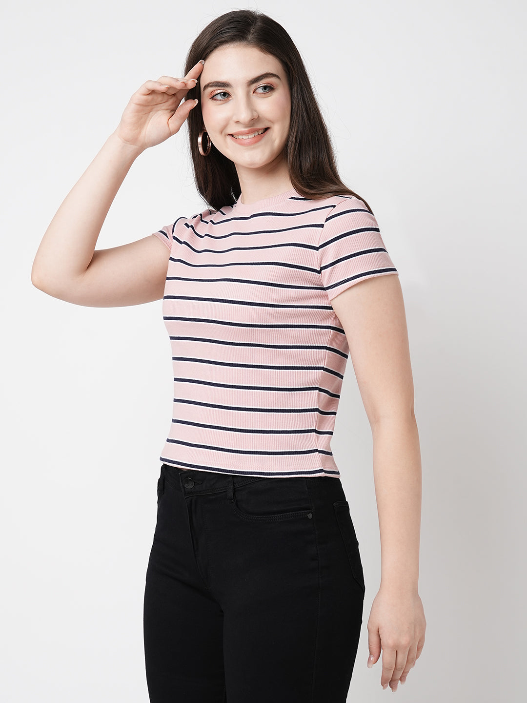 Women Blush Pink Striped Short Sleeves Tshirts