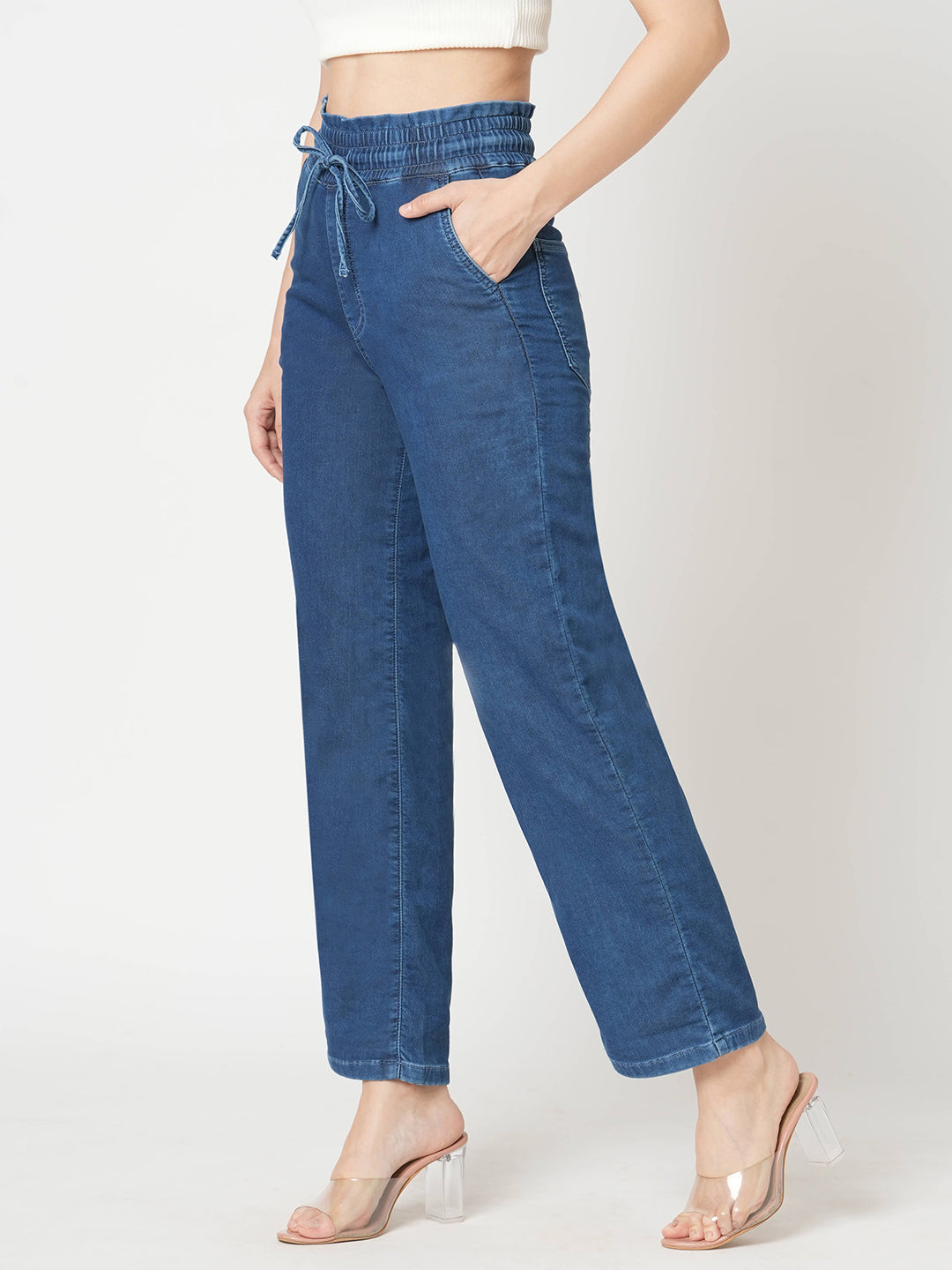 Women Blue High-Rise Denim Joggers