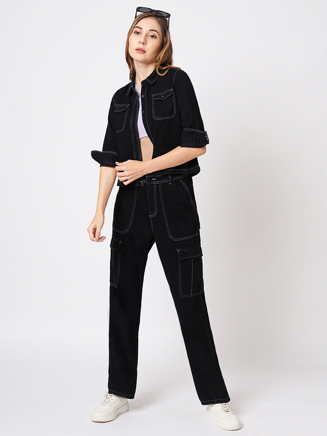 Women Slim Fit Black Solid Crop Shirt Denim