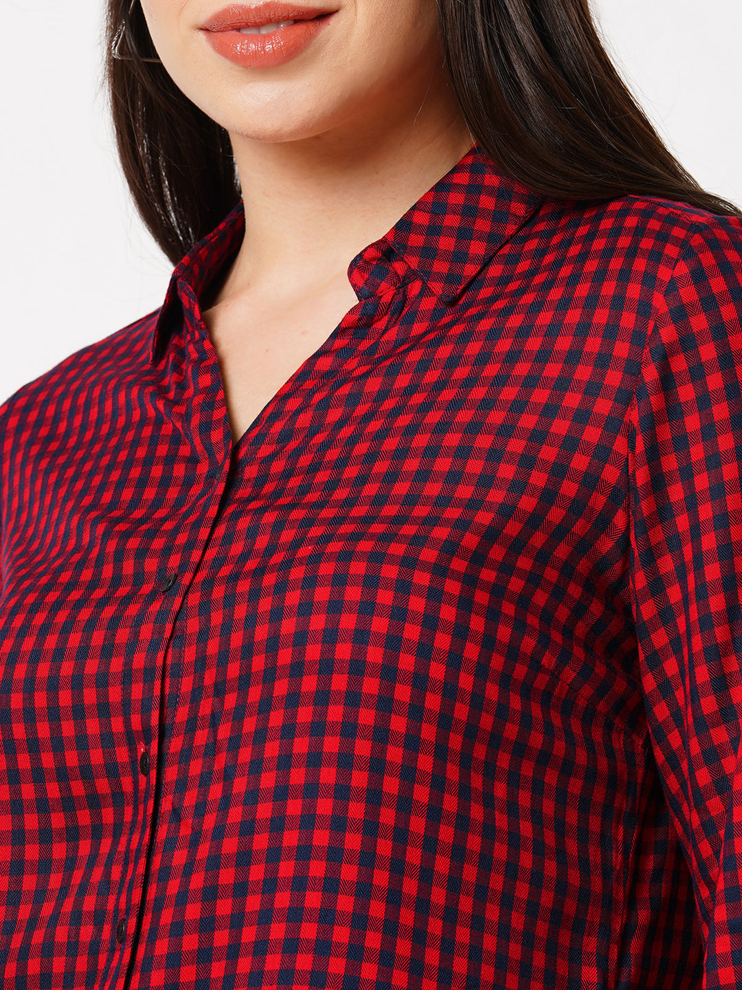 Women Blue & Red Checked Three-Quarter Sleeves Shirts