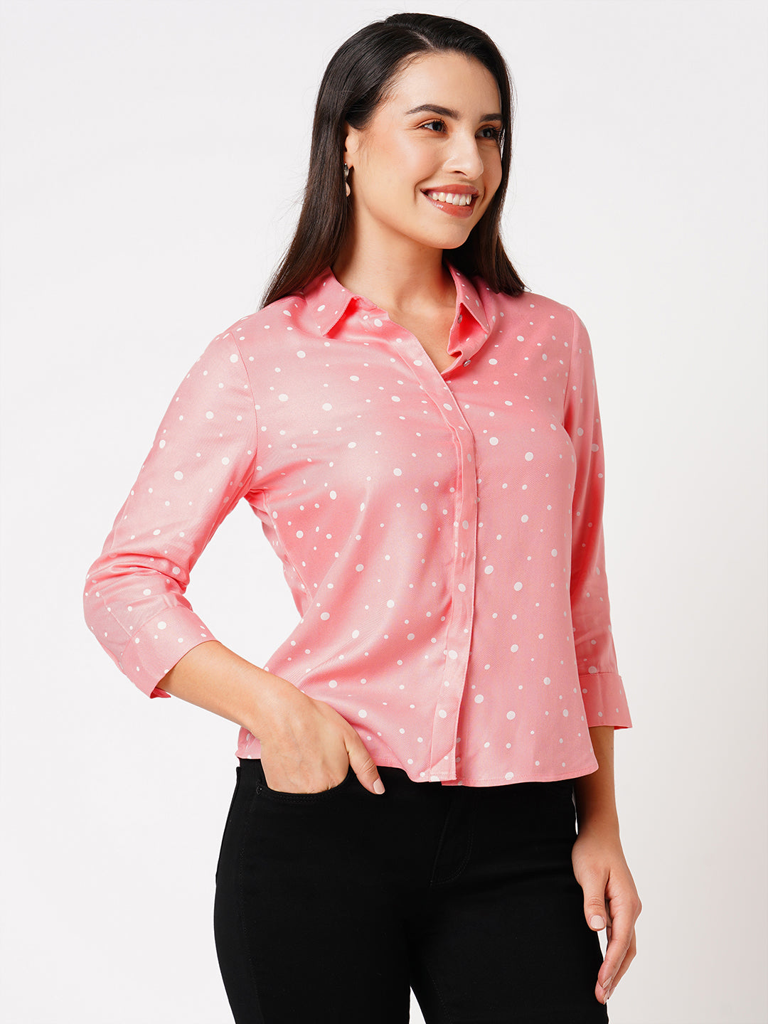 Women Blush Pink Printed Three-Quarter Sleeves Shirts