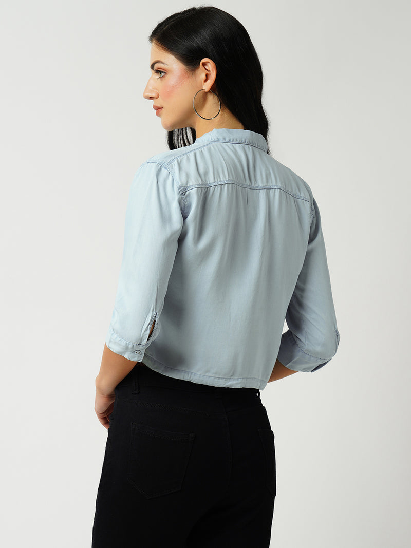 Women Light Blue Solid Three-Quarter Sleeves Shirts