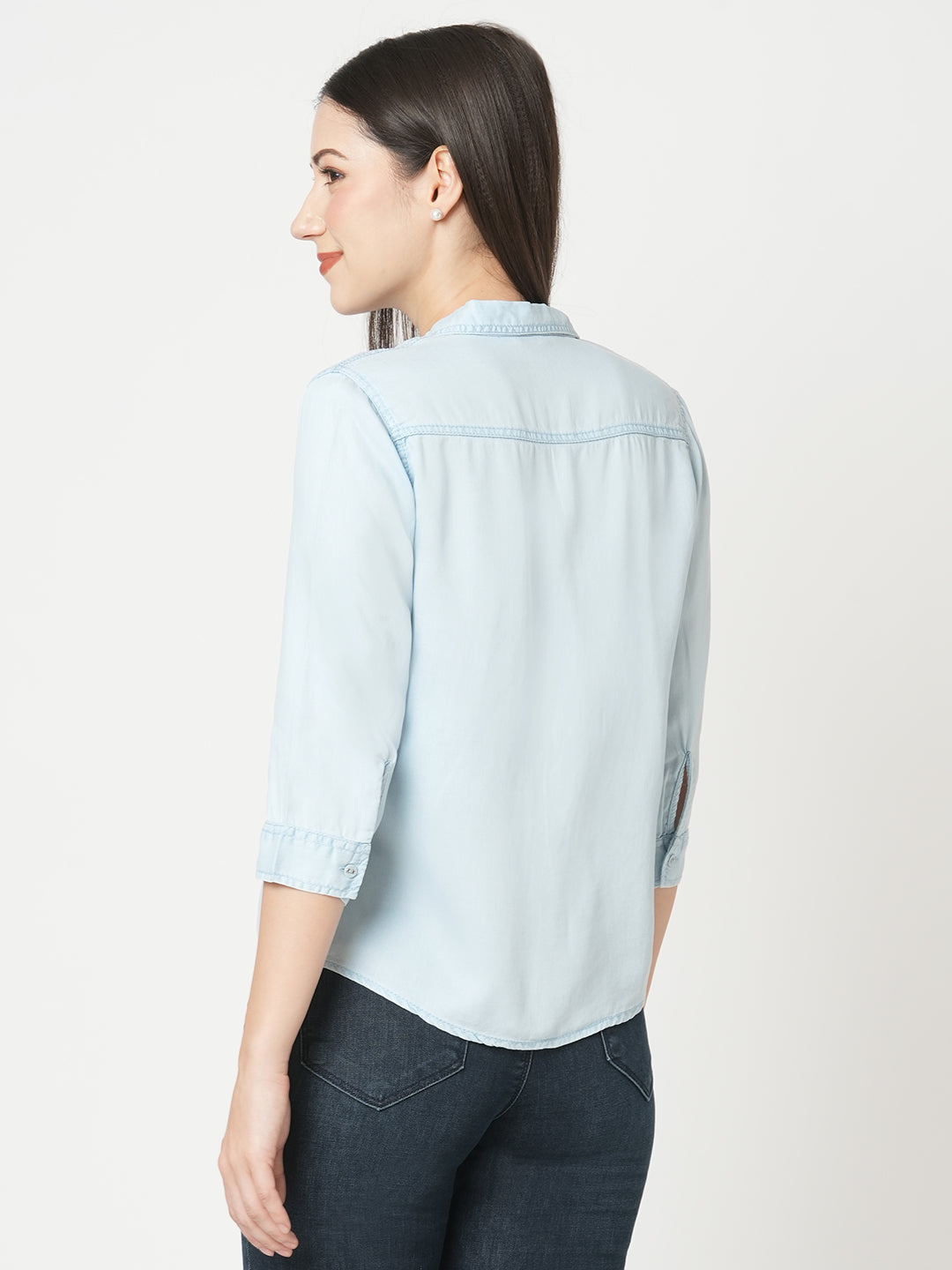 Women Light Blue Solid Denim Shirt