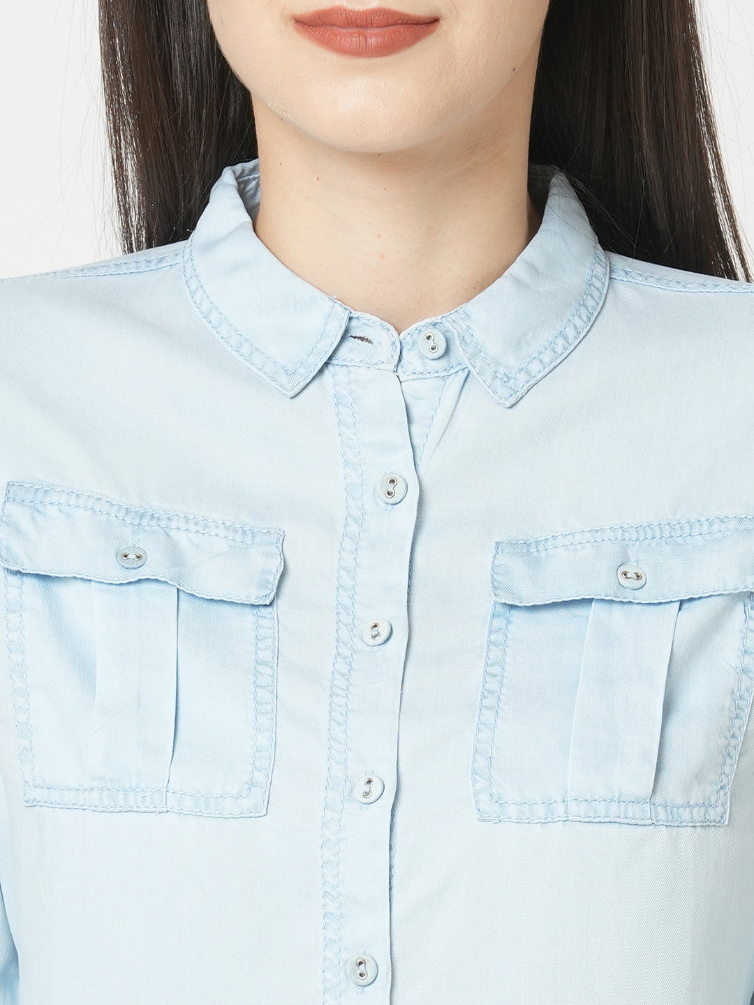 Women Light Blue Solid Denim Shirt
