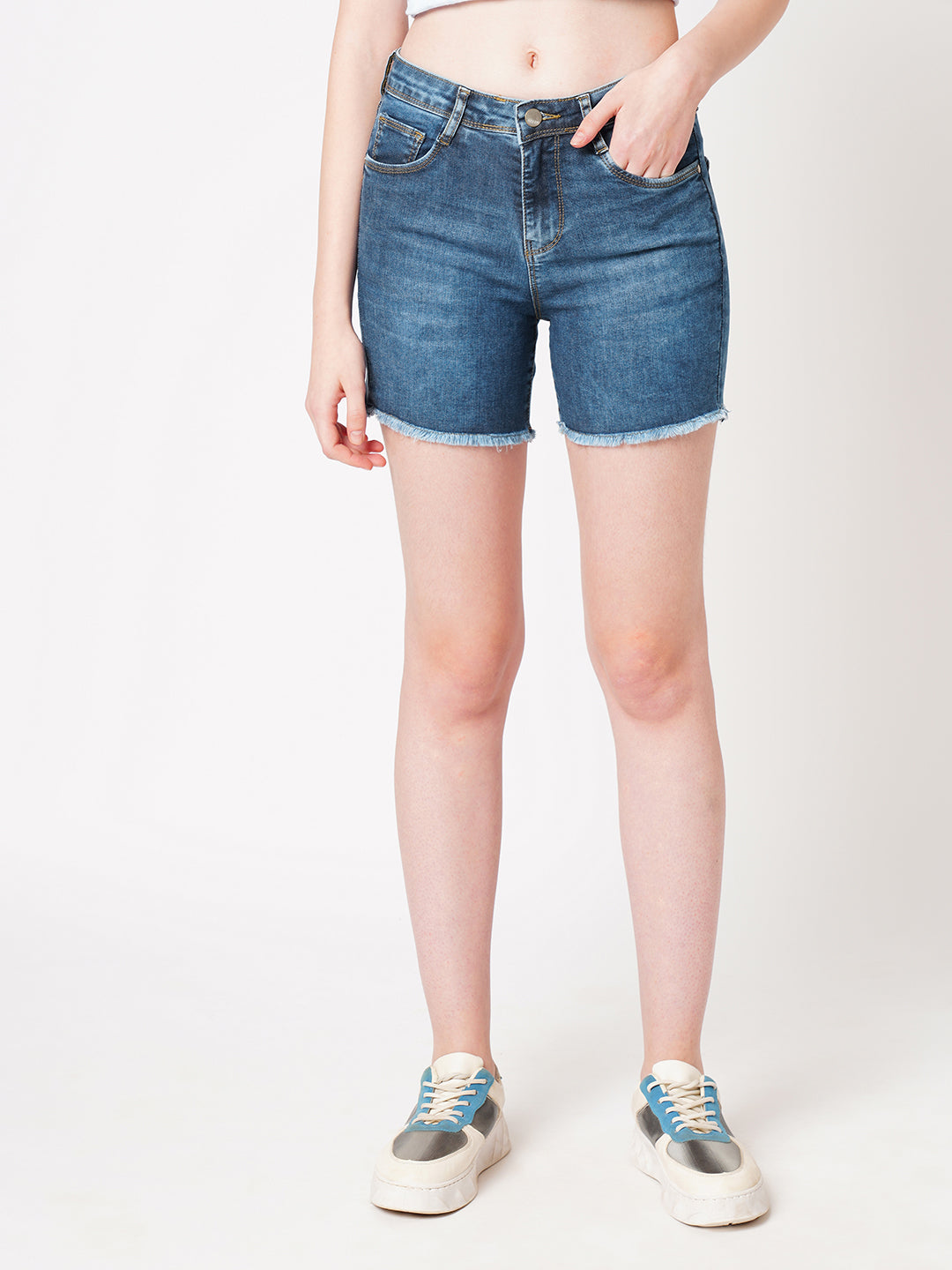 Women Light Blue High-Rise Shorts