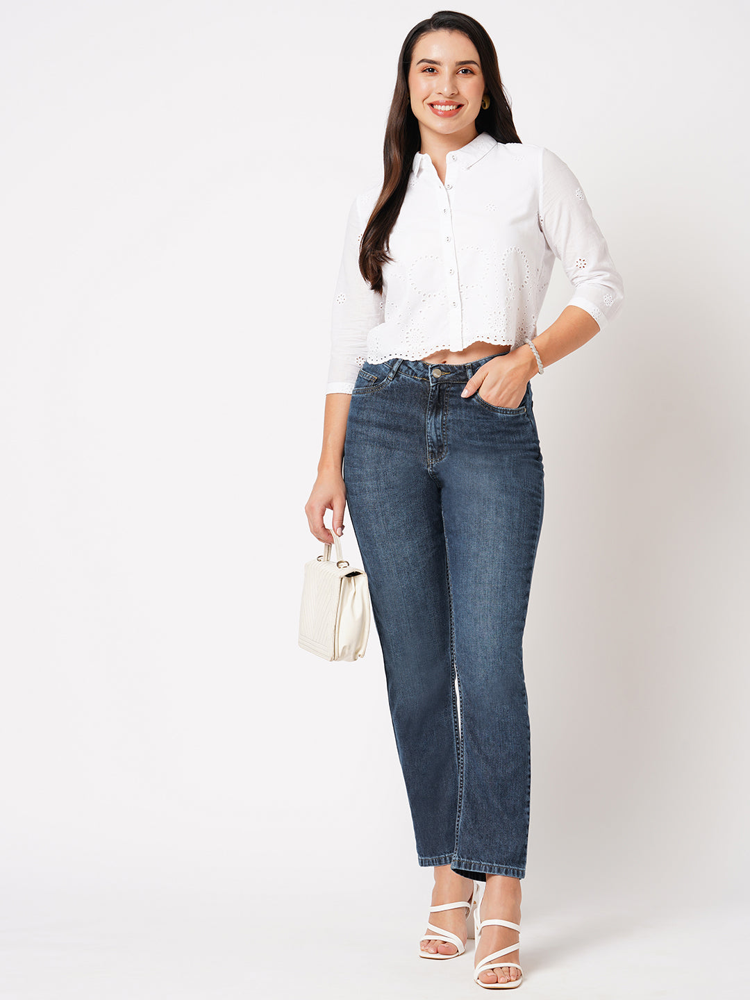 Women Dark Blue High-Rise Relax Straight Fit Jeans