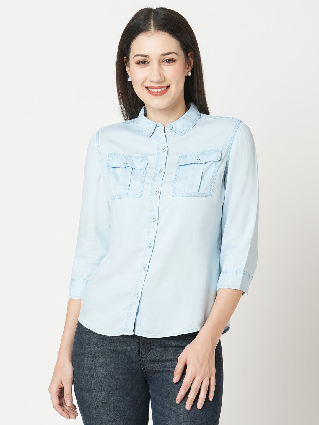 Women Light Blue Solid Denim Shirt