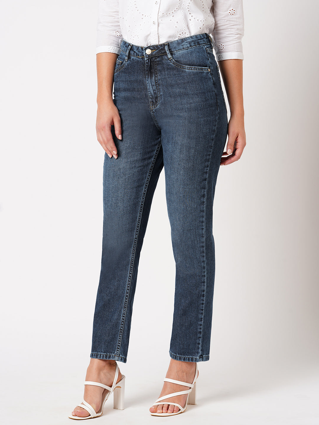 Women Dark Blue High-Rise Relax Straight Fit Jeans