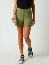 Women Olive High Rise Slim Shorts