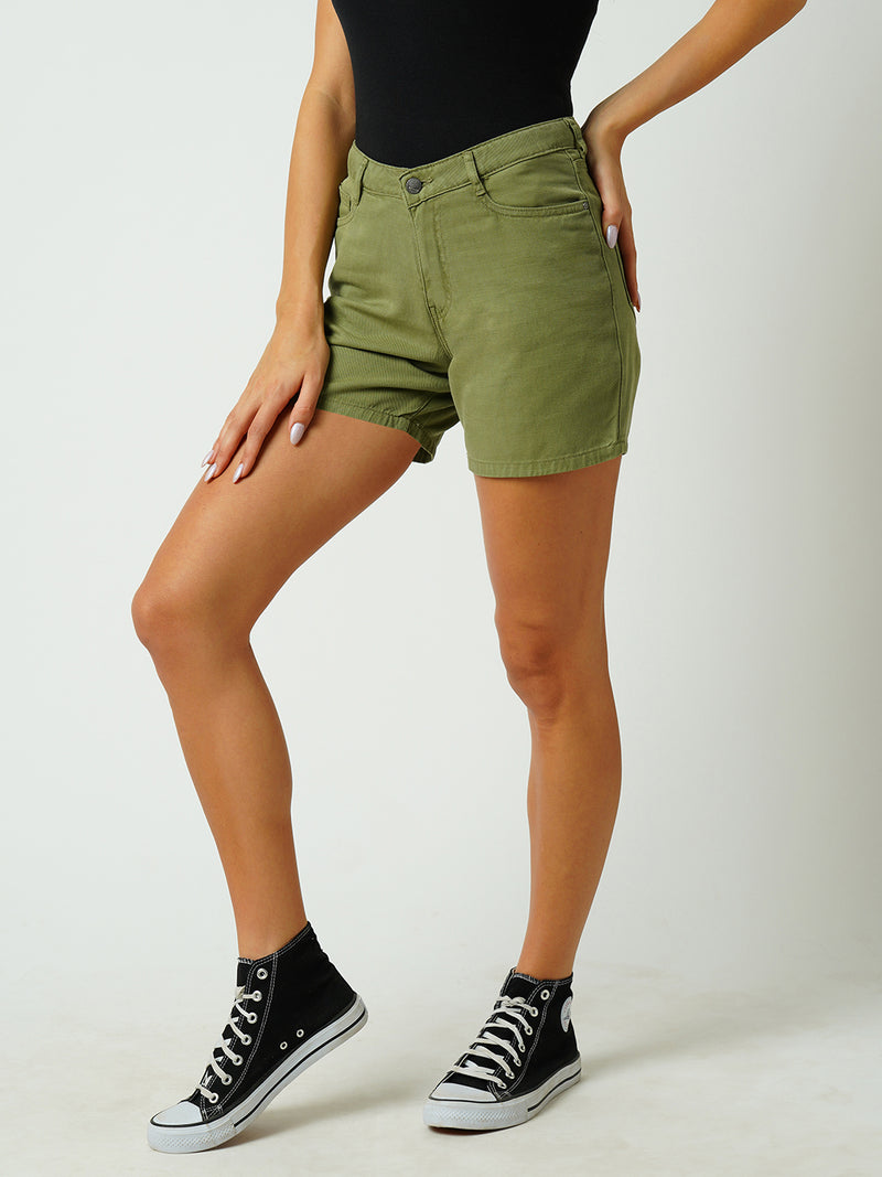 Women Olive High Rise Slim Shorts