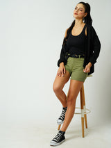 Women Olive High Rise Slim Shorts