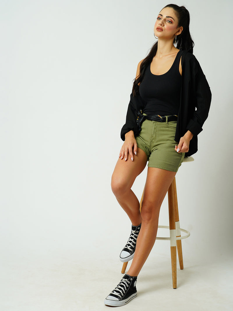 Women Olive High Rise Slim Shorts