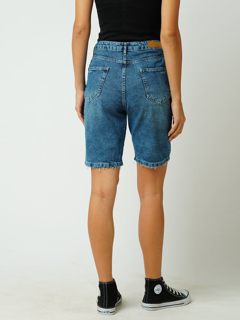 Women Blue High Rise Comfort Ripped Shorts