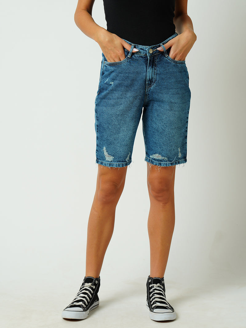 Women Blue High Rise Comfort Ripped Shorts