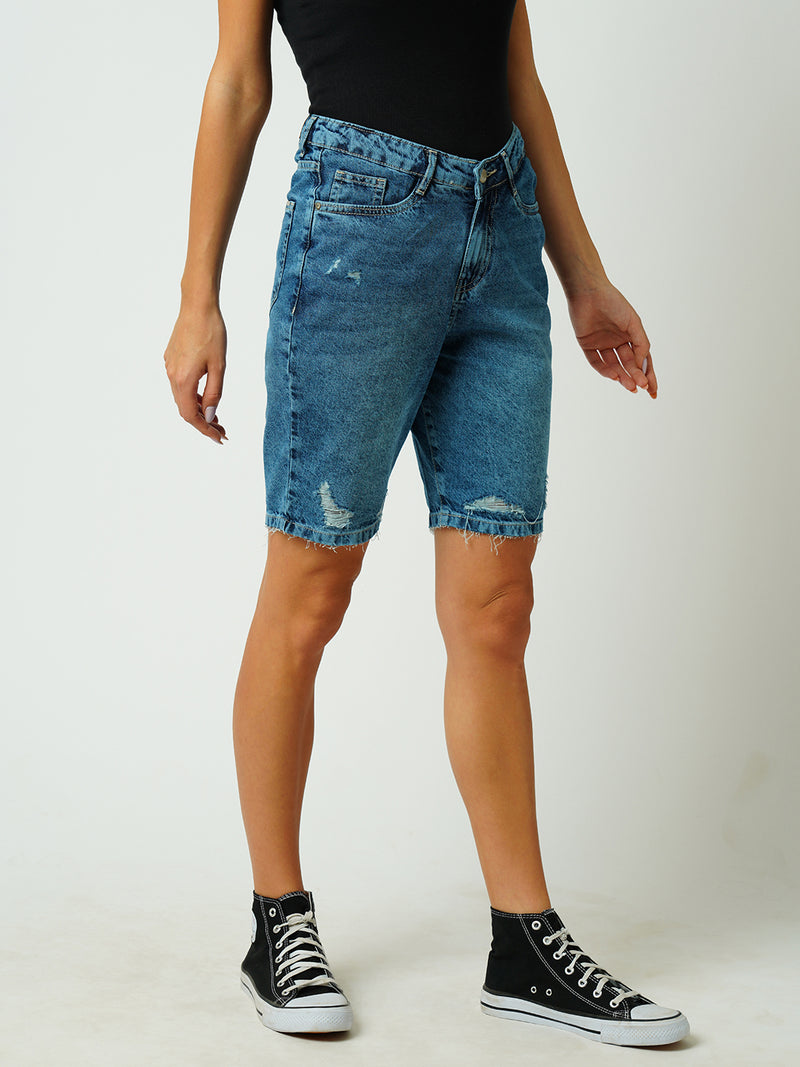 Women Blue High Rise Comfort Ripped Shorts