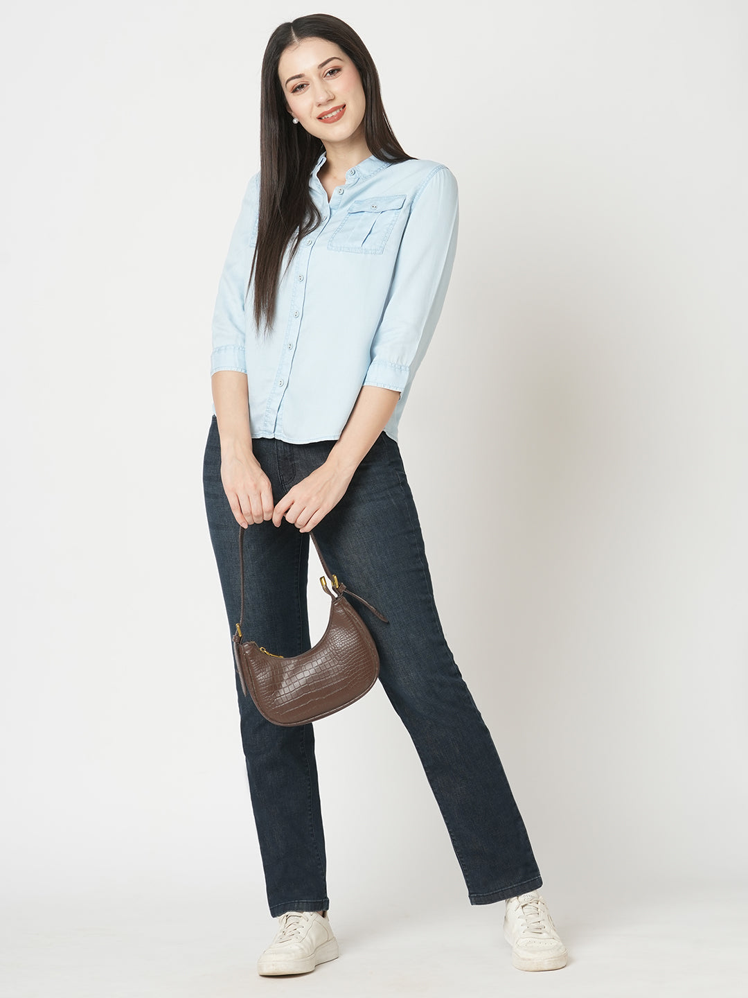 Women Light Blue Solid Denim Shirt