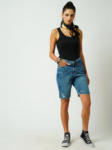 Women Blue High Rise Comfort Ripped Shorts
