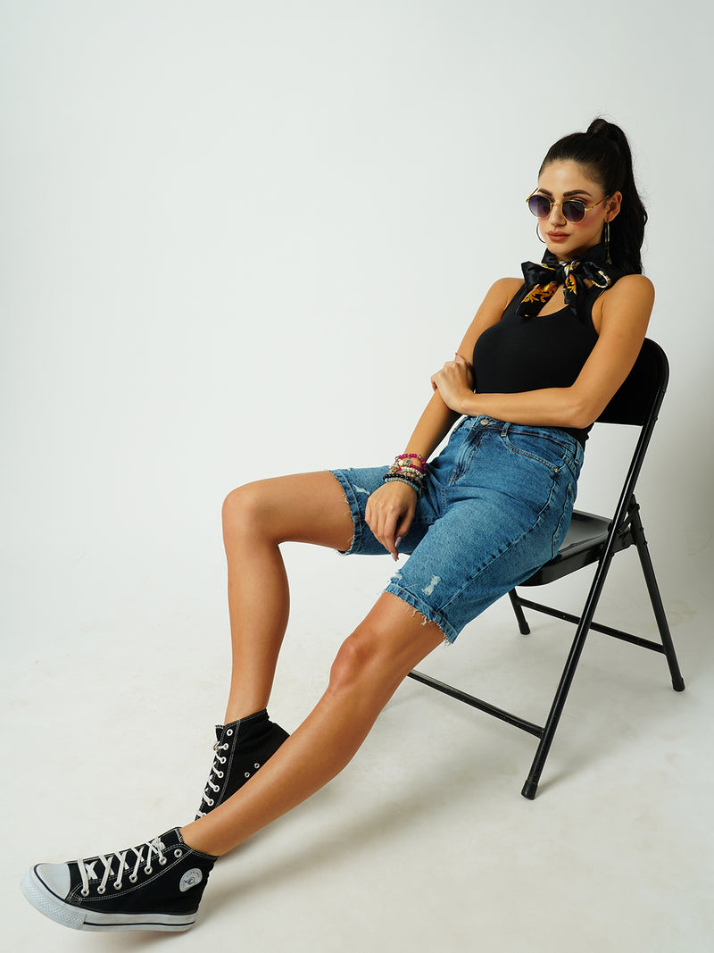 Women Blue High Rise Comfort Ripped Shorts