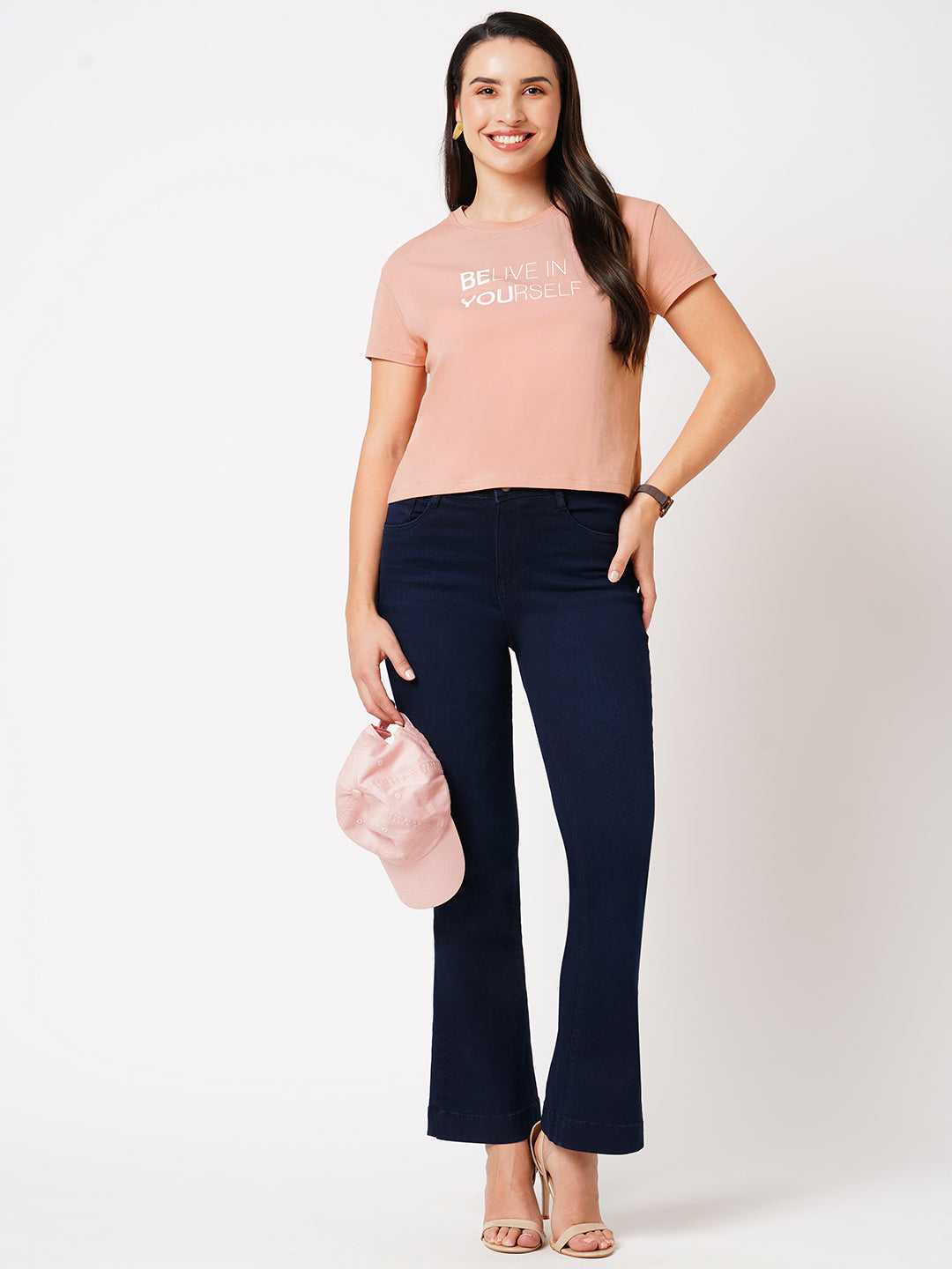 Women Blush Pink Printed Slim T-Shirt