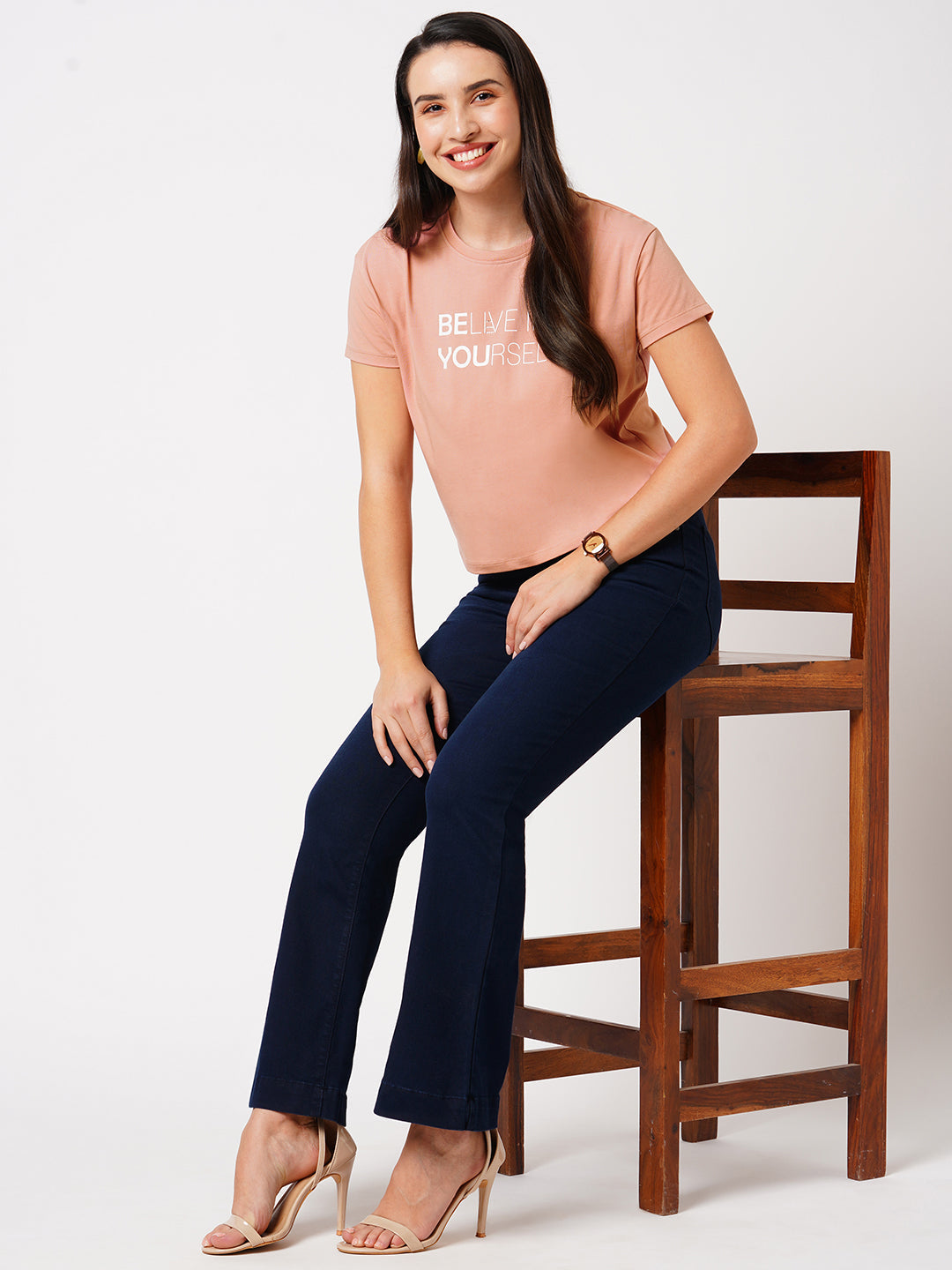 Women Blush Pink Printed Slim T-Shirt