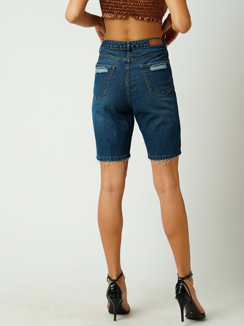Women Dark Blue High Rise Comfort Ripped Shorts