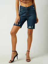 Women Dark Blue High Rise Comfort Ripped Shorts