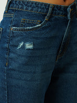 Women Dark Blue High Rise Comfort Ripped Shorts