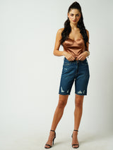 Women Dark Blue High Rise Comfort Ripped Shorts