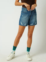 Women Blue High Rise Slim Shorts