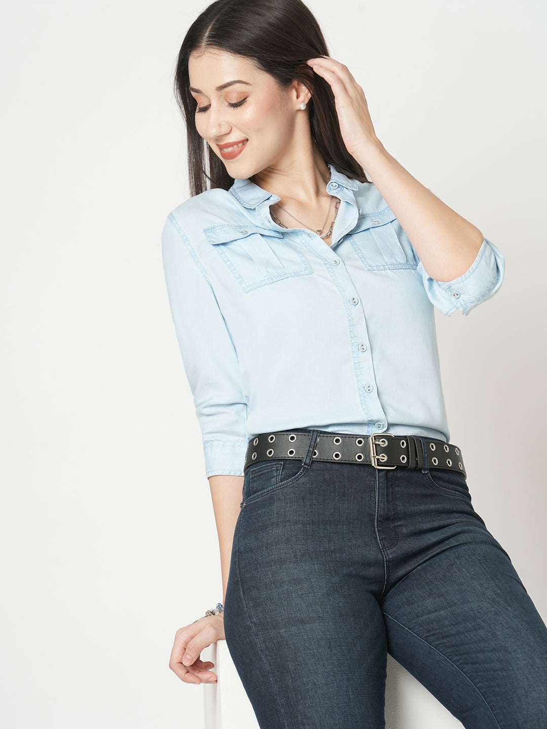 Women Light Blue Solid Denim Shirt