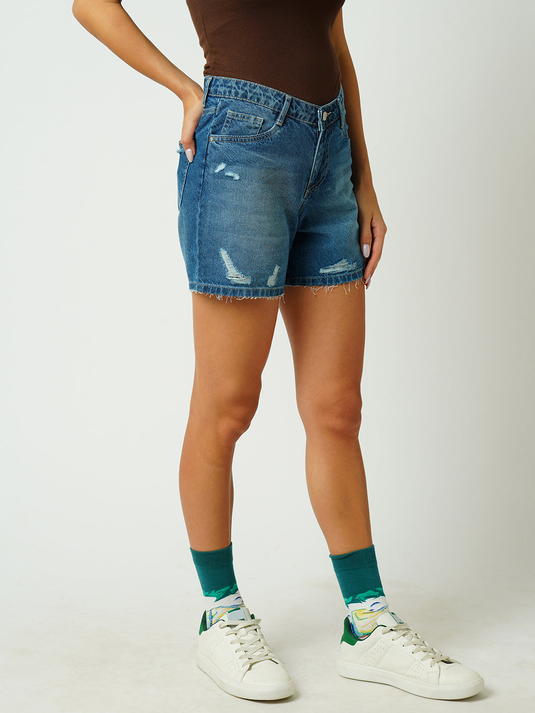 Women Blue High-Rise Slim Shorts