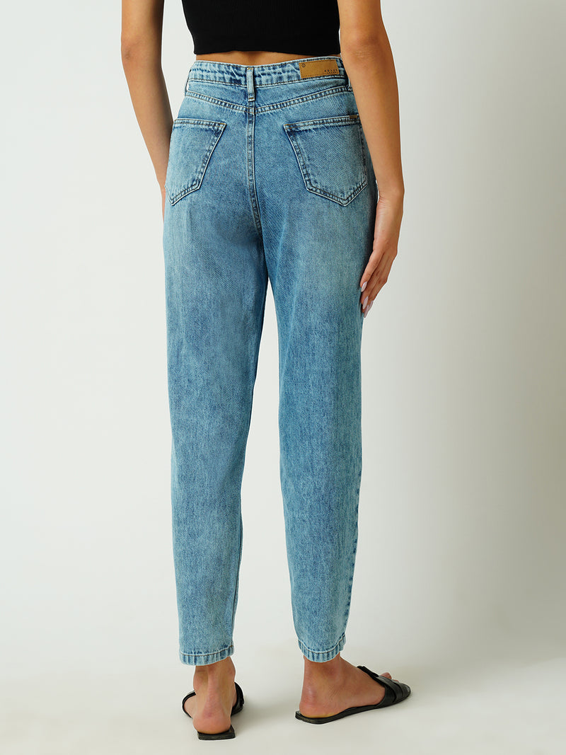 Women Mid Blue High Rise Mom Fit Ripped Jeans