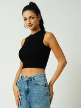 Women Black Solid Sleevless Topwear