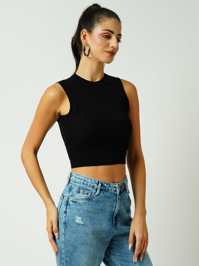 Women Black Solid Sleevless Topwear