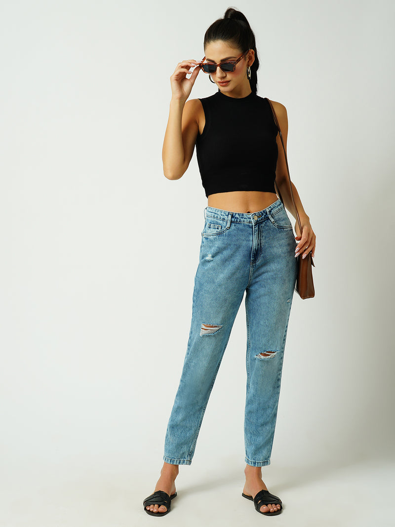 Women Mid Blue High Rise Mom Fit Ripped Jeans