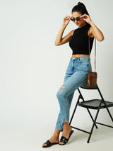 Women Mid Blue High Rise Mom Fit Ripped Jeans