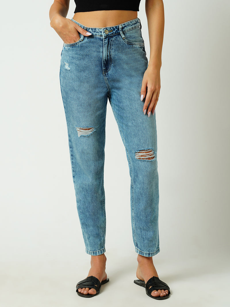 Women Mid Blue High Rise Mom Fit Ripped Jeans