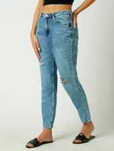 Women Mid Blue High Rise Mom Fit Ripped Jeans
