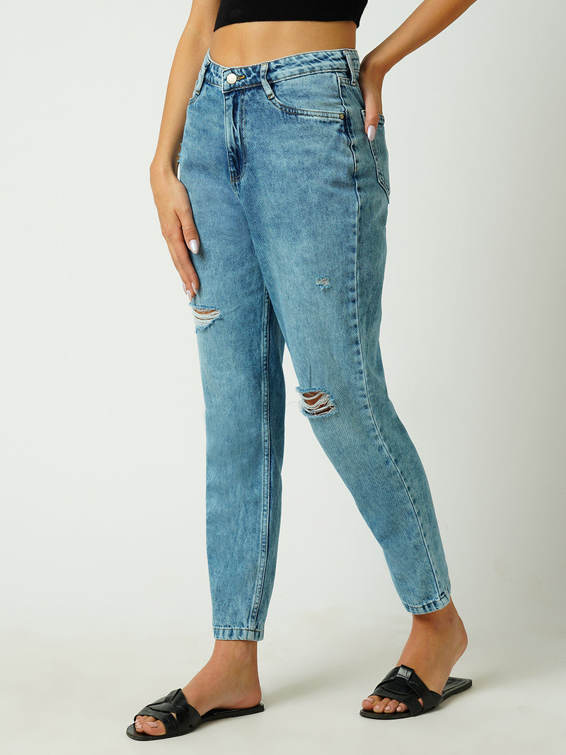 Women Mid Blue High Rise Mom Fit Ripped Jeans