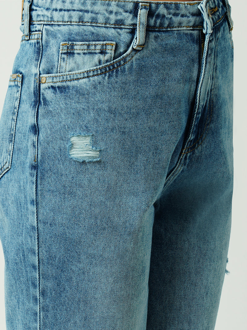 Women Mid Blue High Rise Mom Fit Ripped Jeans