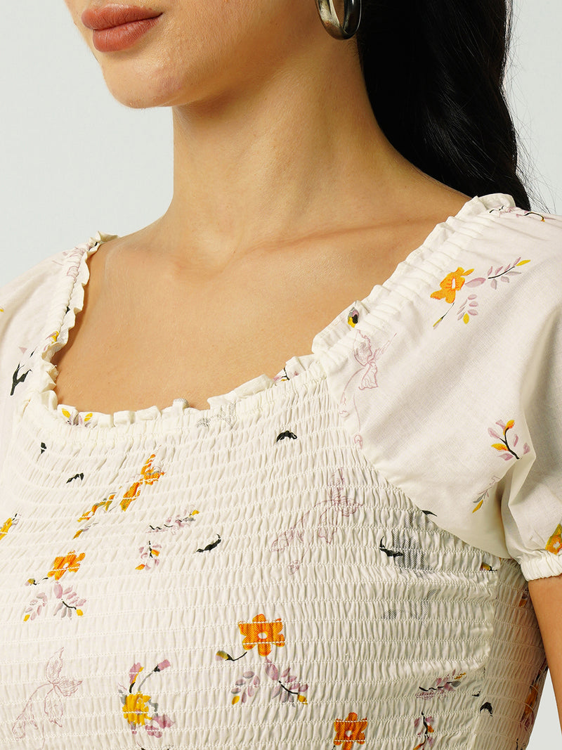 Women Off White Printed Short Sleeves Tops