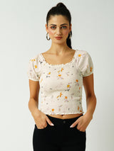 Women Off White Printed Short Sleeves Tops