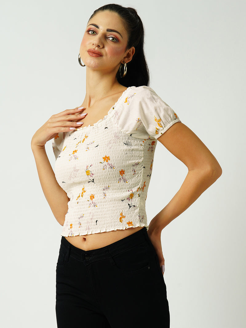 Women Off White Printed Short Sleeves Tops