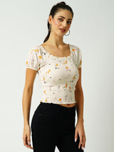 Women Off White Printed Short Sleeves Tops