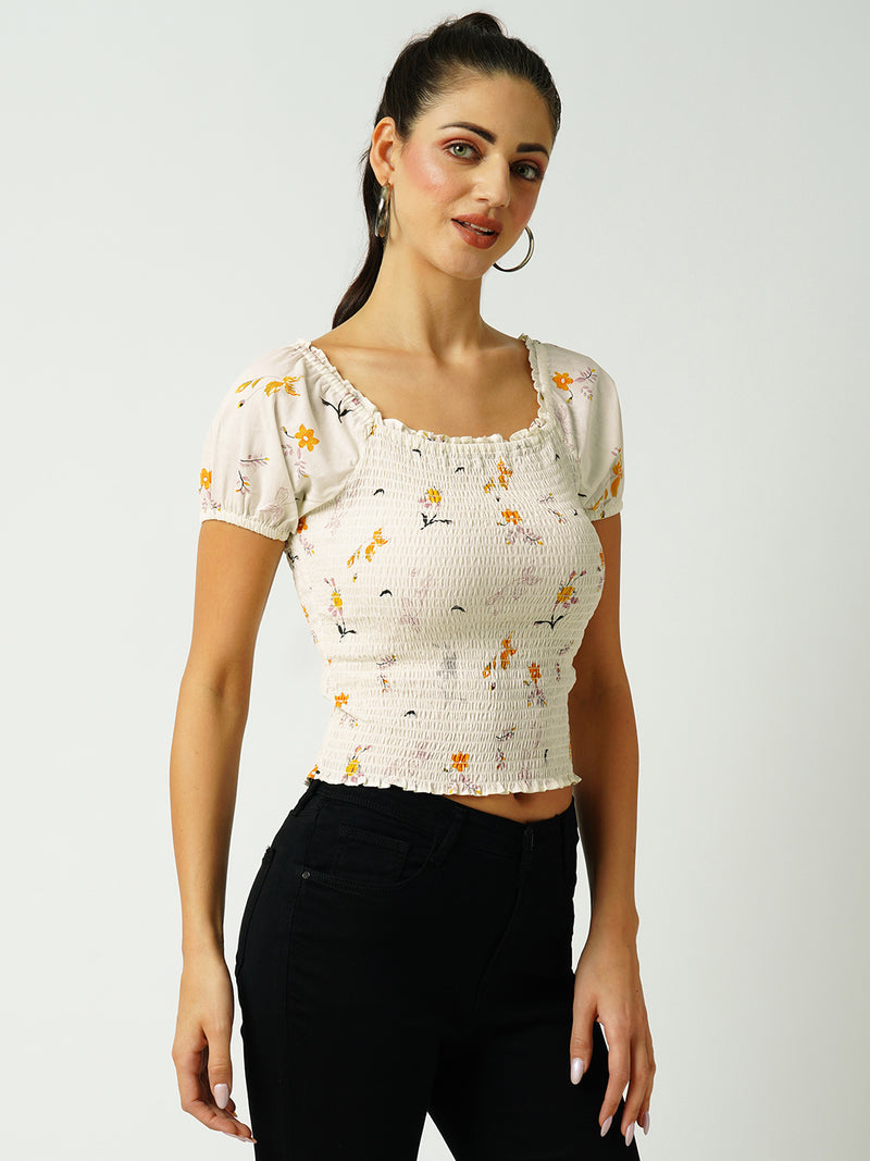 Women Off White Printed Short Sleeves Tops