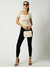 Women Off White Printed Short Sleeves Tops