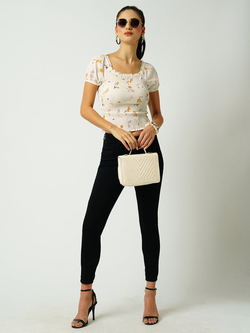 Women Off White Printed Short Sleeves Tops