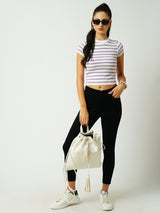 Women White & Lilac Striped Short Sleeves Topwear