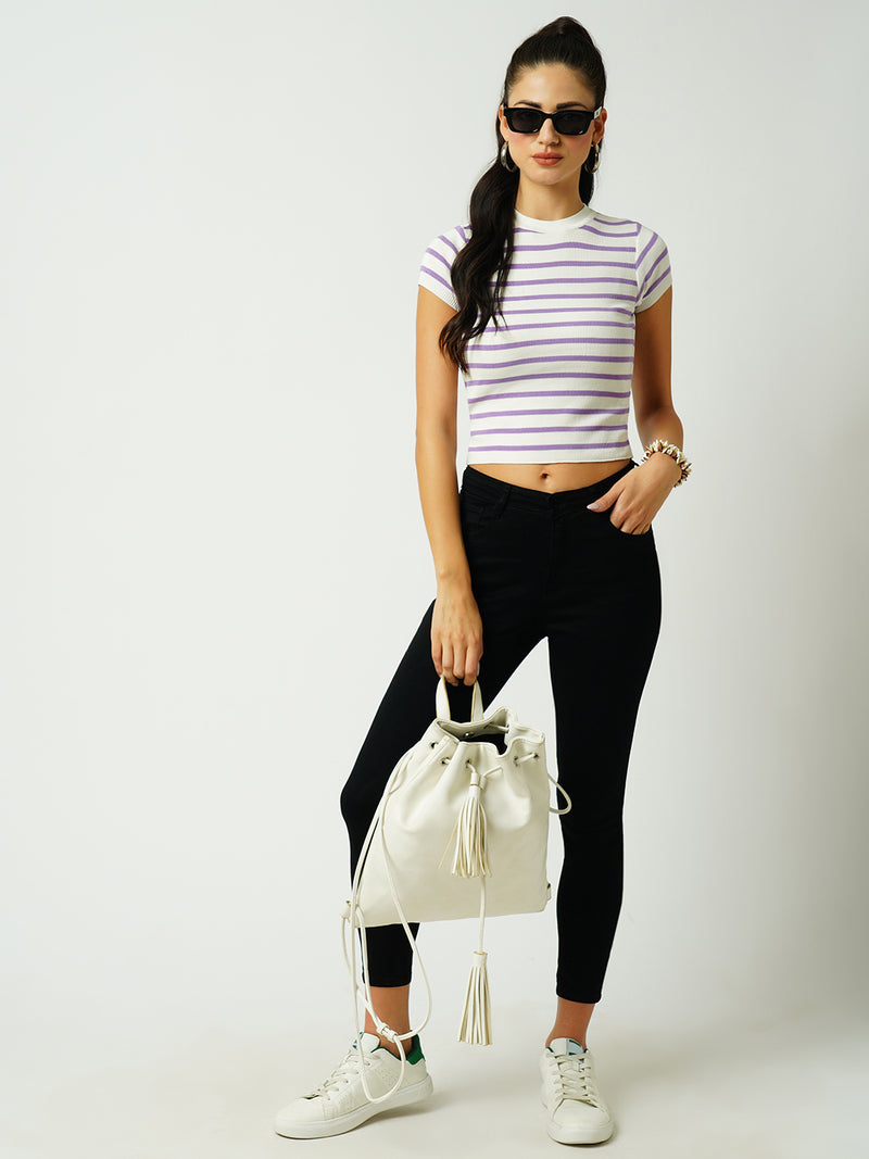 Women White & Lilac Striped Short Sleeves Topwear